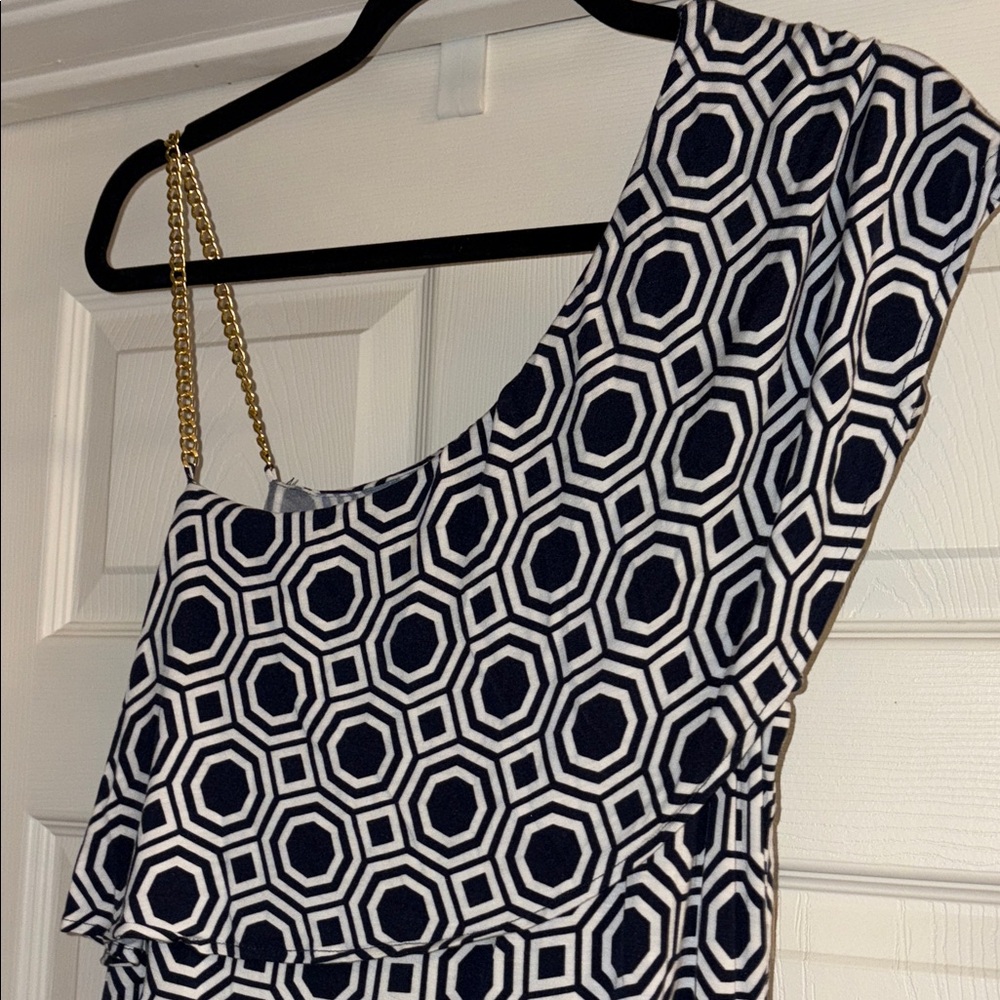 Michael Kors Navy Geometric One-Shoulder Top with Gold Chain